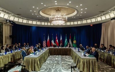 US Secretary of State Marco Rubio attends a meeting with the Foreign Ministers of the Gulf Cooperation Council nations as part of the 80th session of the United Nations General Assembly at the Lotte Palace Hotel, Wednesday, Sept. 24, 2025, in New York. (AP Photo/Stefan Jeremiah, Pool)
