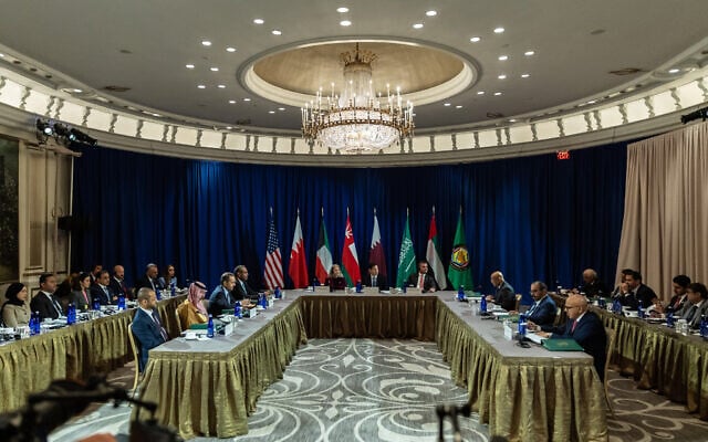 US Secretary of State Marco Rubio attends a meeting with the Foreign Ministers of the Gulf Cooperation Council nations as part of the 80th session of the United Nations General Assembly at the Lotte Palace Hotel, Wednesday, Sept. 24, 2025, in New York. (AP Photo/Stefan Jeremiah, Pool)