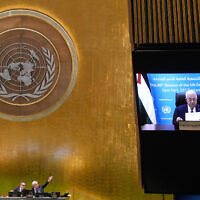Palestinian Authority President Mahmoud Abbas addresses the 80th session of the United Nations General Assembly via video, September 25, 2025. (AP Photo/Richard Drew)