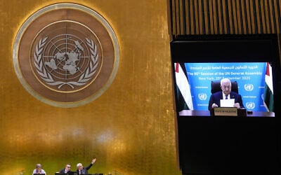 Palestinian Authority President Mahmoud Abbas addresses the 80th session of the United Nations General Assembly via video, September 25, 2025. (AP Photo/Richard Drew)