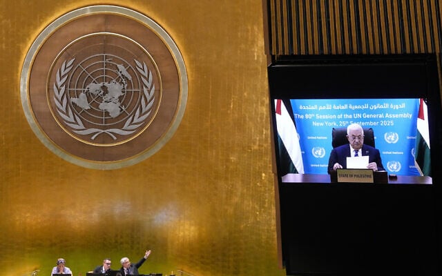 Palestinian Authority President Mahmoud Abbas addresses the 80th session of the United Nations General Assembly via video, September 25, 2025. (AP Photo/Richard Drew)