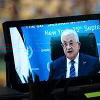 Palestinian Authority President Mahmoud Abbas addresses the 80th session of the United Nations General Assembly via video at United Nations headquarters, September 25, 2025. (AP/Angelina Katsanis)