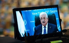 Palestinian Authority President Mahmoud Abbas addresses the 80th session of the United Nations General Assembly via video at United Nations headquarters, September 25, 2025. (AP/Angelina Katsanis)