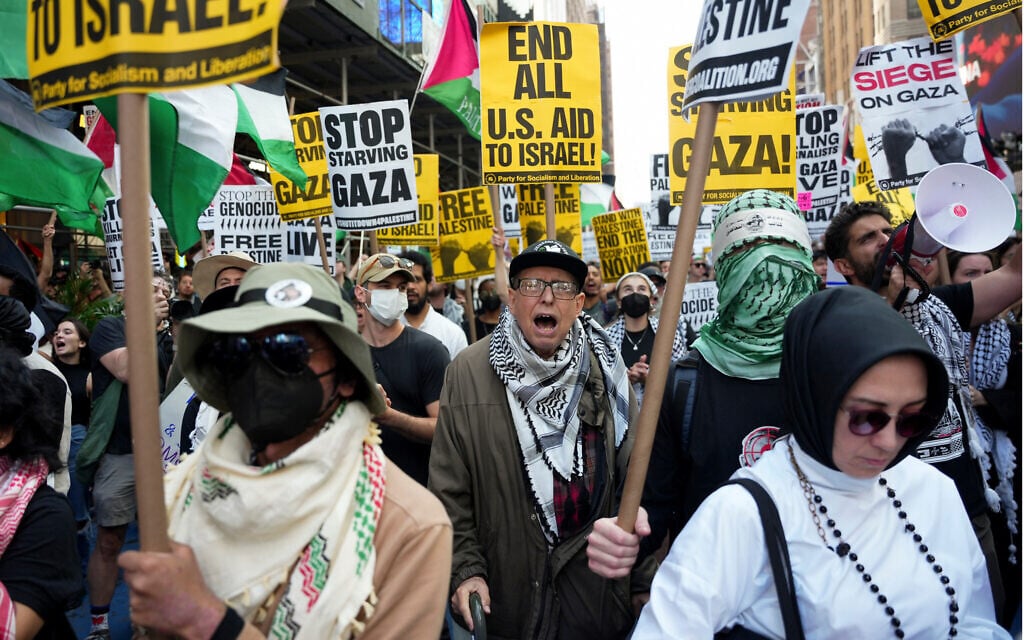 People demonstrate in Times Square during a pro-Palestinian, anti-Israel protest, in New York, September 26, 2025, as Prime Minister Benjamin Netanyahu addresses the UN General Assembly at the UN headquarters in the city. (AP/Angelina Katsanis)