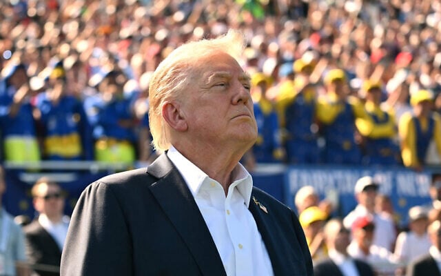 US President Donald Trump attends the Ryder Cup golf tournament at Bethpage Black Golf Course in Farmingdale, New York, September 26, 2025. (Mandel Ngan/Pool Photo via AP) US President Donald Trump attends the Ryder Cup golf tournament at Bethpage Black Golf Course in Farmingdale, New York, September 26, 2025. (Mandel Ngan/Pool Photo via AP)