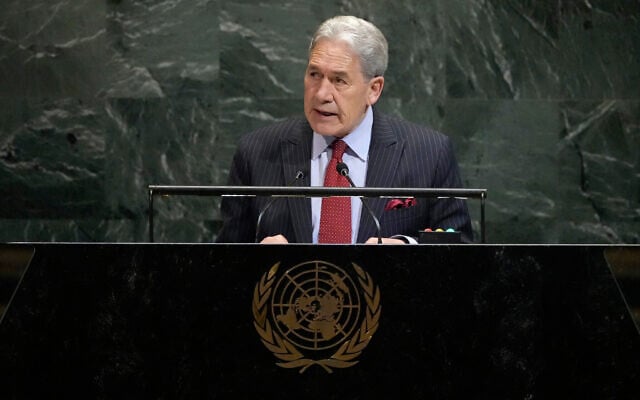 New Zealand Foreign Minister Winston Peters addresses the 80th session of the United Nations General Assembly, September 26, 2025, at UN headquarters. (AP Photo/Pamela Smith)