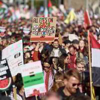 People protest against Israel during a pro-Palestinian, anti-Israel demonstration in Berlin, Germany, September 27, 2025. (AP Photo/Christoph Soeder)