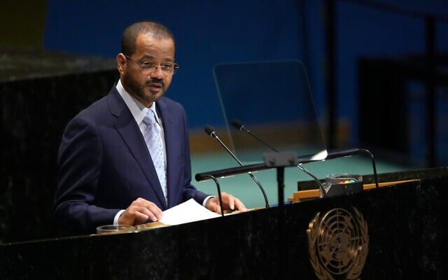 Omani Foreign Minister Badr al-Busaidi addresses the 80th session of the United Nations General Assembly on September 27, 2025, at UN headquarters. (AP/Pamela Smith)