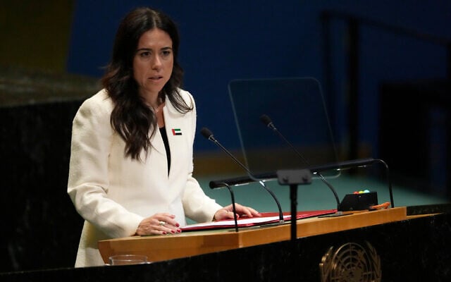 Minister for Foreign Affairs of the United Arab Emirates Lana Nusseibeh addresses the 80th session of the United Nations General Assembly on September 27, 2025, at UN headquarters. (AP/Pamela Smith)