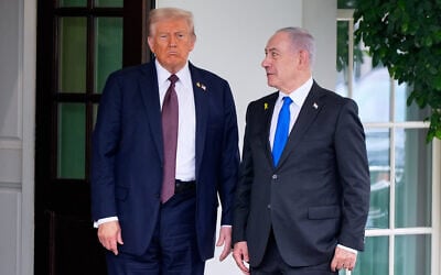 President Donald Trump greets Israeli Prime Minister Benjamin Netanyahu at the West Wing of the White House, September 29, 2025, in Washington. (AP Photo/Alex Brandon)