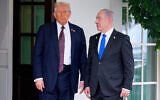US President Donald Trump, left, greets Prime Minister Benjamin Netanyahu at the West Wing of the White House, September 29, 2025, in Washington, DC. (AP Photo/Alex Brandon)
