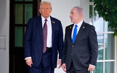 US President Donald Trump, left, greets Prime Minister Benjamin Netanyahu at the West Wing of the White House, September 29, 2025, in Washington, DC. (AP Photo/Alex Brandon)