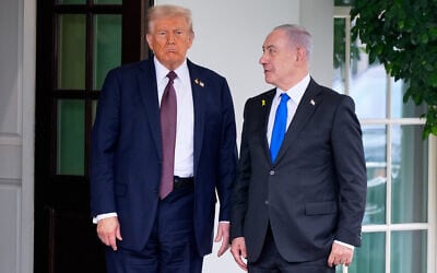 US President Donald Trump, left, greets Prime Minister Benjamin Netanyahu at the West Wing of the White House, September 29, 2025, in Washington, DC. (AP Photo/Alex Brandon) US President Donald Trump, left, greets Prime Minister Benjamin Netanyahu at the West Wing of the White House, September 29, 2025, in Washington, DC. (AP Photo/Alex Brandon)