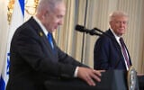 US President Donald Trump listens during a news conference with Prime Minister Benjamin Netanyahu in the State Dining Room of the White House, September 29, 2025. (AP Photo/Evan Vucci)