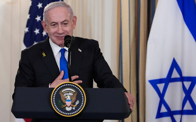 Prime Minister Benjamin Netanyahu speaks during a news conference with President Donald Trump in the State Dining Room of the White House, September 29, 2025, in Washington. (AP Photo/Alex Brandon) Prime Minister Benjamin Netanyahu speaks during a news conference with President Donald Trump in the State Dining Room of the White House, September 29, 2025, in Washington. (AP Photo/Alex Brandon)