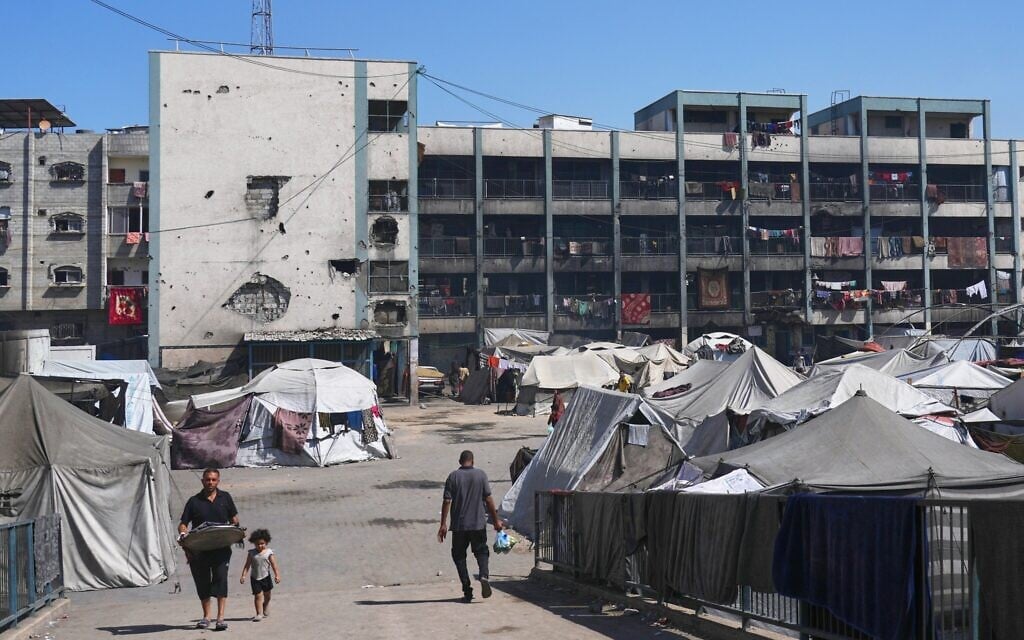 Tents are seen at UN school used as a shelter for displaced Palestinians in Khan Younis, Tuesday, Sept 30, 2025. (AP/Jehad Alshrafi)