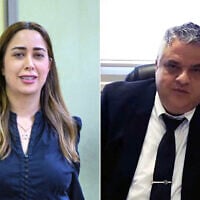 Social Equality Minister May Golan (L) seen outside a court hearing at the Rishon Lezion Magistrate's Court on September 15, 2025. (Avshalom Sassoni/Flash90); Ehud Gabay, an attorney who is a suspect in a fraud probe of Golan, in an advertisement for his law firm uploaded on March 28, 2022. (Screenshot/YouTube)