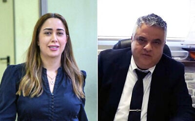 Social Equality Minister May Golan (L) seen outside a court hearing at the Rishon Lezion Magistrate's Court on September 15, 2025. (Avshalom Sassoni/Flash90); Ehud Gabay, an attorney who is a suspect in a fraud probe of Golan, in an advertisement for his law firm uploaded on March 28, 2022. (Screenshot/YouTube)
