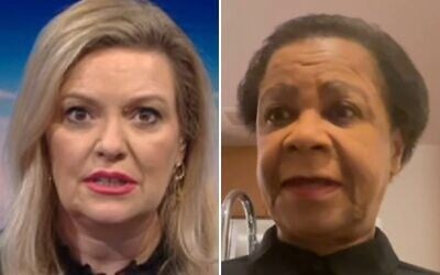 SABC presenter Juliet Newell (L) debates Mamphela Ramphele on South African television, August 2025. (Screenshots: YouTube, clause 27a of the copyright law)