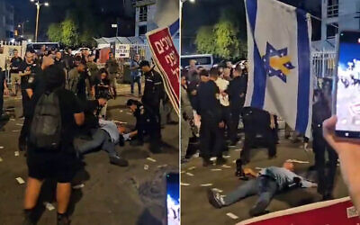 Veteran photographer Reuven Castro seen on the ground after a police officer knocked him down during a protest outside a Likud Party event, in Petah Tikvah, central Israel, September 13, 2025. (Screencaptures/Orit Latner/Women Building an Alternative/X)