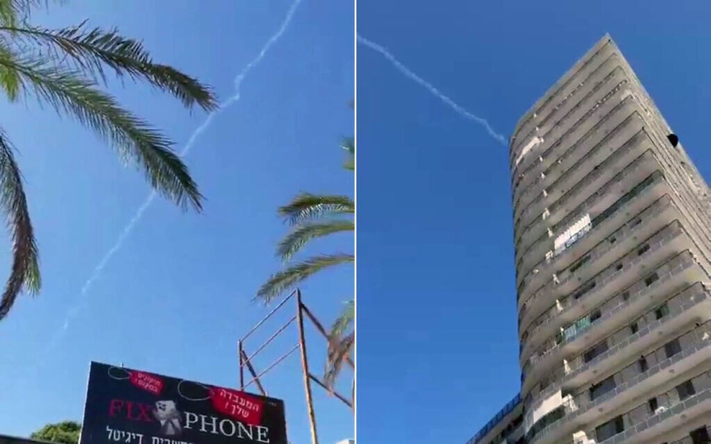 A trail of smoke is seen over Ashdod during a rocket attack on September 21, 2025. (screen capture/X; used in accordance with Clause 27a of the Copyright Law)