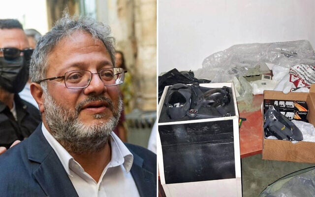 Left to right: National Security Minister Itamar Ben Gvir seen after a visit at the Temple Mount in Jerusalem on August 3, 2025. (Chaim Goldberg/Flash90); Drones seized by Shin Bet agents thwarting an attempted assassination plot against Ben Gvir, in an operation announced by the agency on September 3, 2025. (Shin Bet) Left to right: National Security Minister Itamar Ben Gvir seen after a visit at the Temple Mount in Jerusalem on August 3, 2025. (Chaim Goldberg/Flash90); Drones seized by Shin Bet agents thwarting an attempted assassination plot against Ben Gvir, in an operation announced by the agency on September 3, 2025. (Shin Bet)