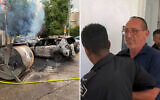 Left to right: A recycling bin and a car are heavily damaged after the bin was set alight in Jerusalem, September 3, 2025. (Israel Police); Anti-government activist Amos Doron, suspected of setting fire to trash bins in Jerusalem, is escorted out of his hearing in the Jerusalem Magistrate's Court after he is ordered to remain in police custody on September 4, 2025. (Screenshot/X)
