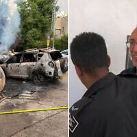 Left to right: A recycling bin and a car are heavily damaged after the bin was set alight in Jerusalem, September 3, 2025. (Israel Police); Anti-government activist Amos Doron, suspected of setting fire to trash bins in Jerusalem, is escorted out of his hearing in the Jerusalem Magistrate's Court after he is ordered to remain in police custody on September 4, 2025. (Screenshot/X)