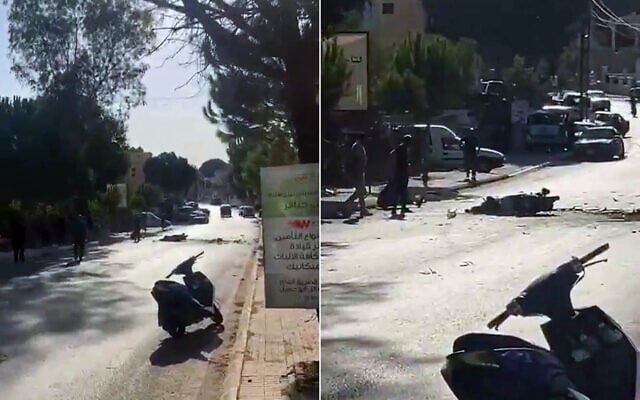 Screen capture from video of a motorcycle hit in an alleged Israeli drone strike in southern Lebanon, September 21, 2025. (X)