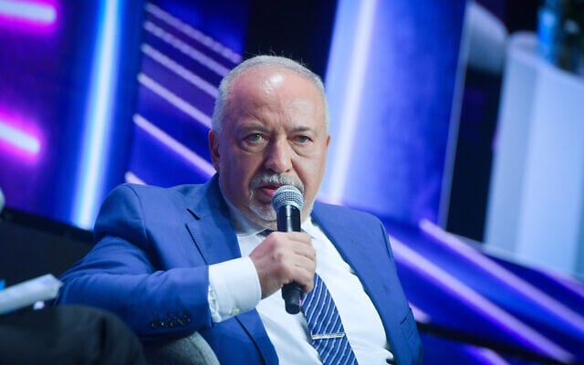Yisrael Beytenu party leader Avigdor Lieberman speaks at a conference in Tel Aviv on July 15, 2025. (Avshalom Sassoni/Flash90) Yisrael Beytenu party leader Avigdor Lieberman speaks at a conference in Tel Aviv on July 15, 2025. (Avshalom Sassoni/Flash90)