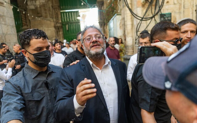 National Security Minister Itamar Ben Gvir seen after a visit to the Temple Mount in Jerusalem Old City, August 3, 2025. (Chaim Goldberg/Flash90)