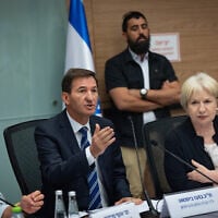 Knesset Foreign Affairs and Defense Committee legal adviser Miri Frenkel Shor (right) and chairman Boaz Bismuth (center) during a discussion on ultra-Orthodox conscription, September 3, 2025. (Yonatan Sindel/Flash90)