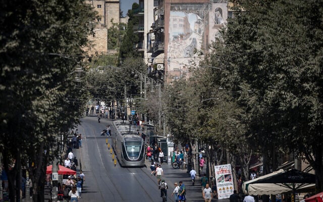 A view of the Jerusalem Light Rail on Jaffa Street, near the junction with King George Street, September 4, 2025. (Chaim Goldberg/FLASH90) A view of the Jerusalem Light Rail on Jaffa Street, near the junction with King George Street, September 4, 2025. (Chaim Goldberg/FLASH90)