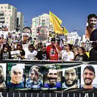 Family members of hostages from Kibbutz Nir Oz who are held in Gaza, together with former hostages, hold a protest in Carmei Gat, marking  700 days of captivity and calling for the release of all hostages, September 5, 2025 (Tsafrir Abayov/Flash90)