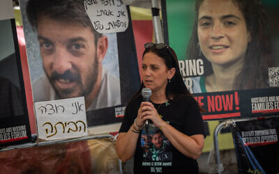 Anat Angrest, whose son Matan is held hostage in Gaza, speaks during a Kabbalat Shabbat ceremony at the protest tent in Jerusalem, marking the 700th day of captivity of hostages held in Gaza, September 5, 2025. (Yonatan Sindel/Flash90) Anat Angrest, whose son Matan is held hostage in Gaza, speaks during a Kabbalat Shabbat ceremony at the protest tent in Jerusalem, marking the 700th day of captivity of hostages held in Gaza, September 5, 2025. (Yonatan Sindel/Flash90)