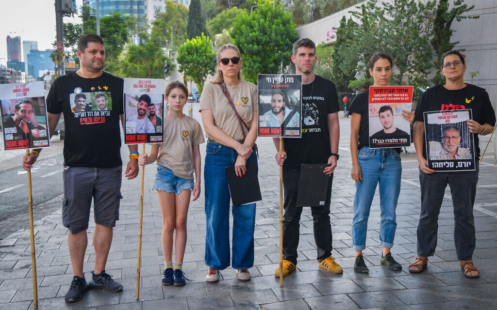 Families of Israelis held hostage in Gaza, former hostages and supporters hold a press conference in Tel Aviv, on September 6, 2025. (Avshalom Sassoni/Flash90)