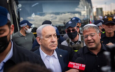 Prime Minister Benjamin Netanyahu (left) and National Security Minister Itamar Ben Gvir arrive at the scene of a terror attack at Ramot Junction, at the entrance to Jerusalem, September 8, 2025. (Chaim Goldberg/Flash90) Prime Minister Benjamin Netanyahu (left) and National Security Minister Itamar Ben Gvir arrive at the scene of a terror attack at Ramot Junction, at the entrance to Jerusalem, September 8, 2025. (Chaim Goldberg/Flash90)