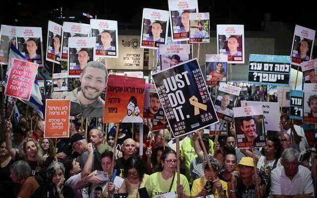 Israelis attend a rally calling for the release of the Israeli hostages held in captivity by Hamas in Gaza, at Hostage Square in Tel Aviv. September 13, 2025. (Avshalom Sassoni/FLASH90) Israelis attend a rally calling for the release of the Israeli hostages held in captivity by Hamas in Gaza, at Hostage Square in Tel Aviv. September 13, 2025. (Avshalom Sassoni/FLASH90)