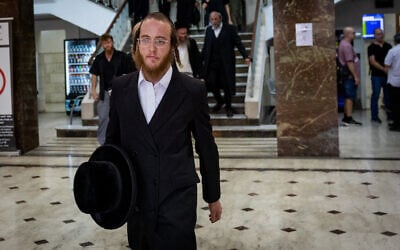 Elimelech Stern, convicted for contact with a foreign agent over alleged spying for Iran, at the Jerusalem District Court, September 14, 2025. (Yonatan Sindel/Flash90)