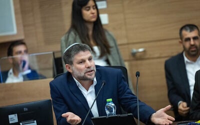 Finance Minister Bezalel Smotrich attends a Finance Committee meeting at the Knesset, in Jerusalem on August 14, 2025. (Yonatan Sindel/Flash90)