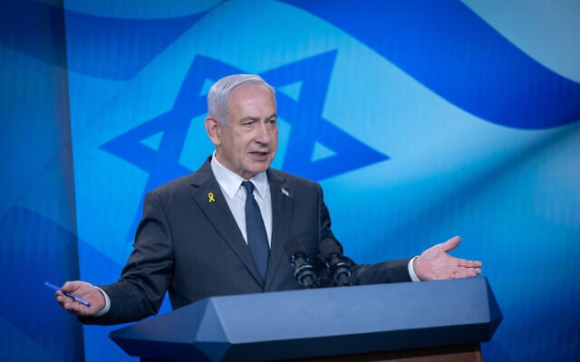 Prime Minister Benjamin Netanyahu speaks at the Prime Minister's Office in Jerusalem, on September 15, 2025. (Chaim Goldberg/Flash90)