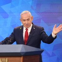 Prime Minister Benjamin Netanyahu holds a press conference at the Prime Minister's office in Jerusalem, September 16, 2025.(Marc Israel Sellem/POOL)