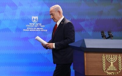 Prime Minister Benjamin Netanyahu holds a press conferene at the Prime Minister's office in Jerursalem, September 16, 2025. (Marc Israel Sellem/POOL)