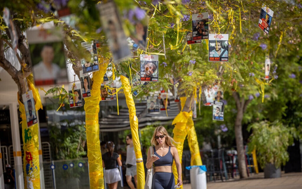 Posters of Israelis held hostage seen on haBima Square in Tel Aviv. September 17, 2025. (Miriam Alster/ Flash90) Posters of Israelis held hostage seen on haBima Square in Tel Aviv. September 17, 2025. (Miriam Alster/ Flash90)