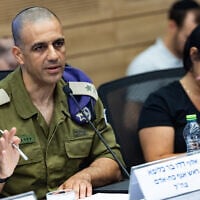 IDF manpower head Dado Bar Kalifa testifies at a State Control Committee meeting in the Knesset in Jerusalem on September 17, 2025. (Yonatan Sindel/Flash90)