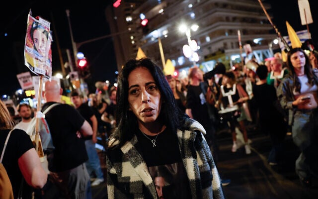 Einav Zangauker, mother of hostage Matan Zangauker, at a protest in Jerusalem calling for an end to the war in Gaza and the release of captives held by Hamas, on September 20, 2025. (Yonatan Sindel/Flash90)