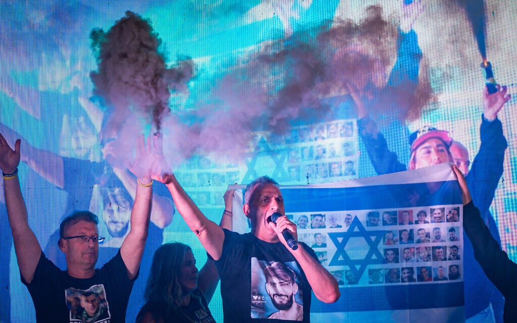Family members of hostages held in the Gaza Strip, together with supporters attend a rally in Jerusalem, calling for an end to the war in Gaza and the release of Israeli hostages held by Hamas, on September 20, 2025. (Yonatan Sindel/Flash90)