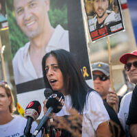 Einav Zangauker, center, mother of hostage Matan Zangauker, speaks during a press conference outside Prime Minister Benjamin Netanyahu's residence in Jerusalem, September 23, 2025. (Yonatan Sindel/Flash90)
