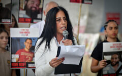 Einav Zangauker, whose son Matan is held hostage in Gaza, holds a press conference in Tel Aviv, on September 27, 2025. (Avshalom Sassoni/Flash90)