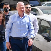Former defense minister Yoav Gallant arrives for a hearing at an internal Likud tribunal in Tel Aviv to present his defense against a move to expel him from the party, September 29, 2025. (Avshalom Sassoni/FLASH90)